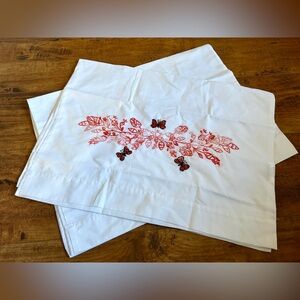 Embroidered Red Butterfly Leaf Pillowcase Pair - White